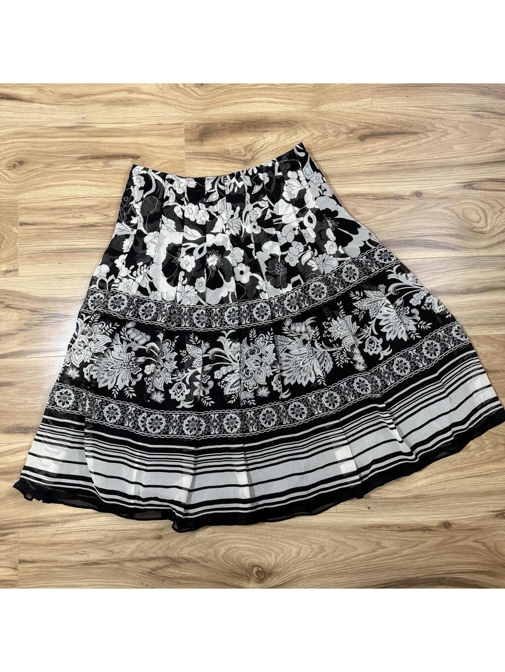 Jones New York Collection Petite 100% Silk Floral Midi Skirt Black White 2P